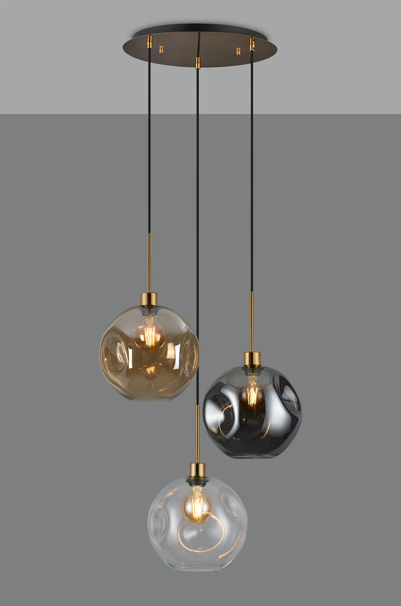Lori 40cm Round Pendant, 3 Light Adjustable E27, Antique Gold/Amber/Clear/Smoke Round Dimple Shades DK1186  Deco Lori Antique Gold